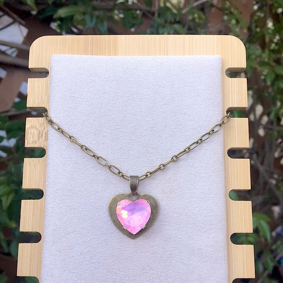 Pink Opal Aurora Borealis Crystal Heart Pendant Necklace - Picture 4 of 16